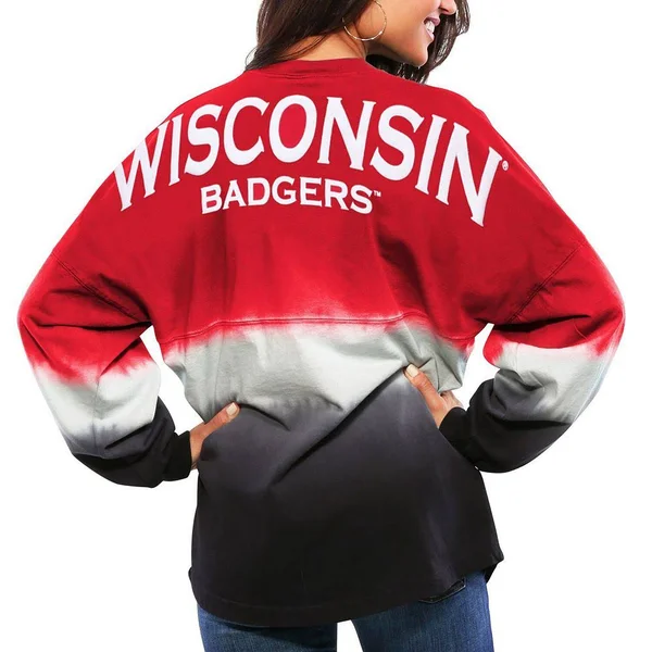 Wisconsin Badgers Women's Ombre Long Sleeve Dip-Dyed Spirit Jersey - Red, Size: Large