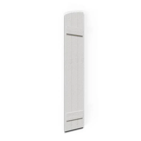 16 1/8x22W x 37x22H (31 1/2x22 Low Side) Rustic Three Board Joined Board-n-Batten Faux Wood Shutters w/Elliptical Arch Top (Per