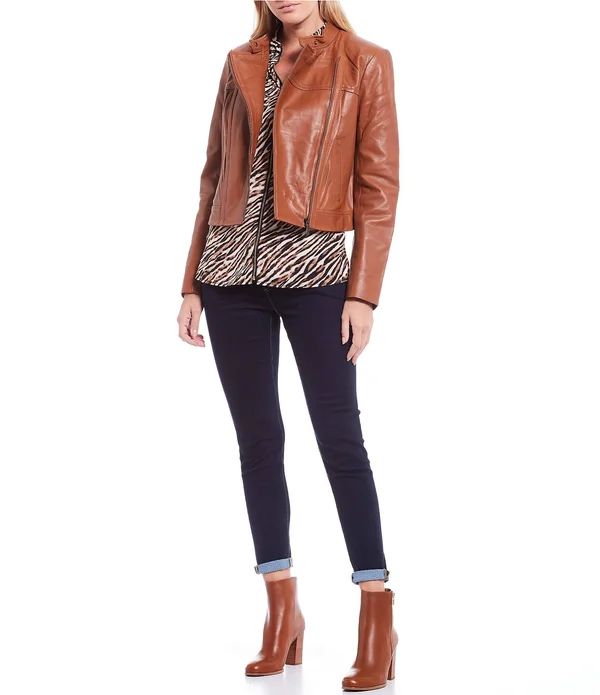 Michael Michael Kors - Leather Moto Jacket, Brown, Xs