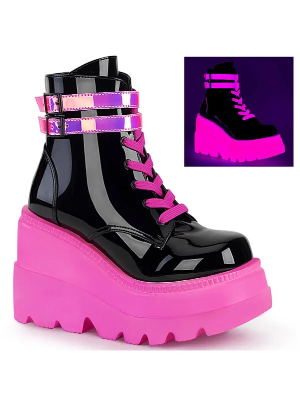 SHAKER-52 - 4 1/2x22 Wedge Platform Lace-Up Ankle Boot Black Pat-UV Neon Pink, Size 5