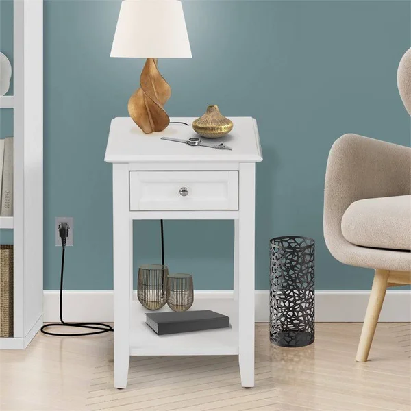 East West Furniture Denison 24x22 Wood Nightstand with 1 Drawer in White