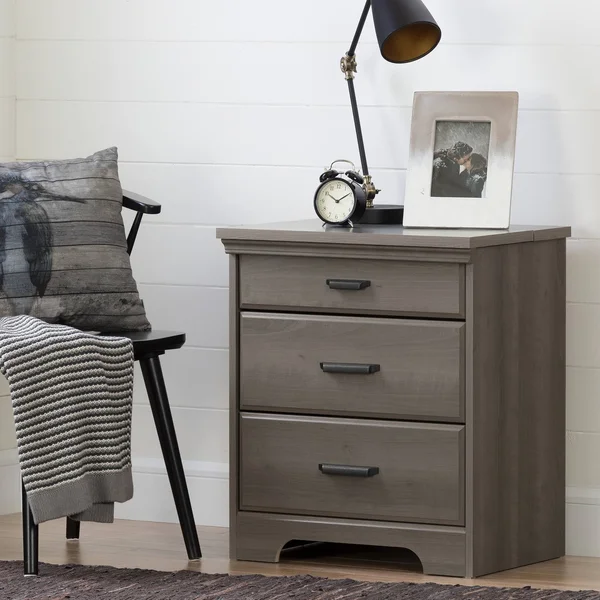South Shore Versa Nightstand with Charging Station and Drawers - Gray Maple