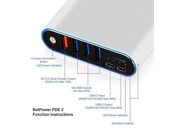 BatPower PDE 2 P60s USB C External Battery Power Bank Portable Charger for New MacBook Pro 15 - 13-inch 2016 2017 to Current Surf