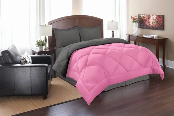 Elegant Comfort All Season Goose Down Alternative Reversible 3-Piece Comforter Set- Available in and Colors, Full/Queen, Pink/G