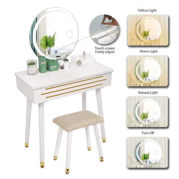 ARTETHYS Vanity Makeup Table Set with 3 Modes Touch Screen Adjustable Lighted Mirror - Cushioned Stool, Big Sliding Drawers Free