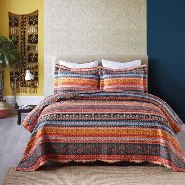 MarCielo 3 Piece Bohemian Quilt Bedspread Set By012 - Queen