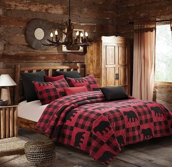 Virah Bella Buffalo Red Plaid Black Bear Quilt - King