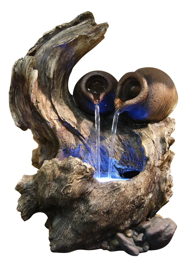 Alpine Two Pots Cascading on Tree Branch Fountain with LED Lights