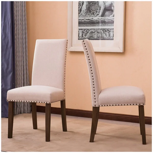 BELLEZE Set of (2) Dining Chairs Linen Armless Nailhead Trim Accent Elegant Side Chair Wooden Leg, Beige