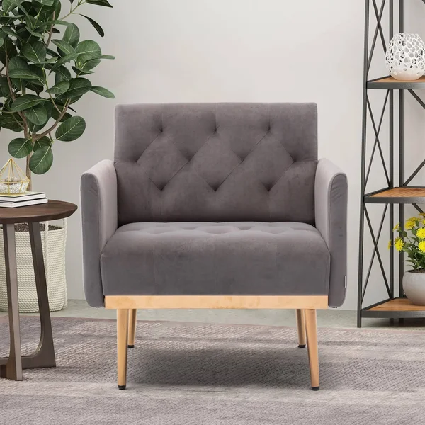 Velvet Upholstered Tufted Accent Chair with Rose Golden Feet - Grey