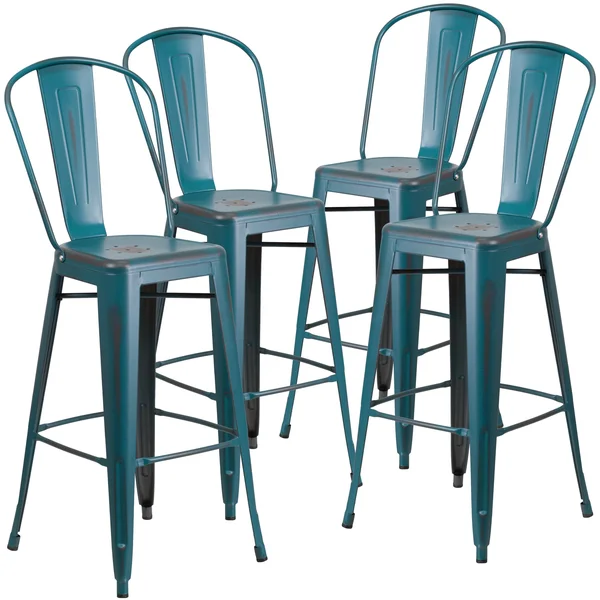 Flash Furniture 4 Pk. 30&& High Distressed Metal Indoor-Outdoor Barstool with BACK, Yellow