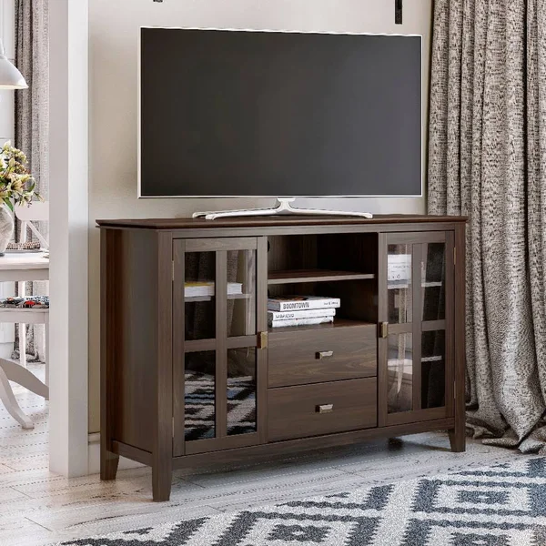 Simpli Home Artisan Contemporary Solid Wood 53x22 TV Media Stand in Tobacco Brown