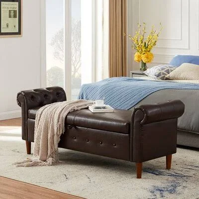 Faux Leather Tufted Flip Top Storage Bench Canora Grey Color: Brown