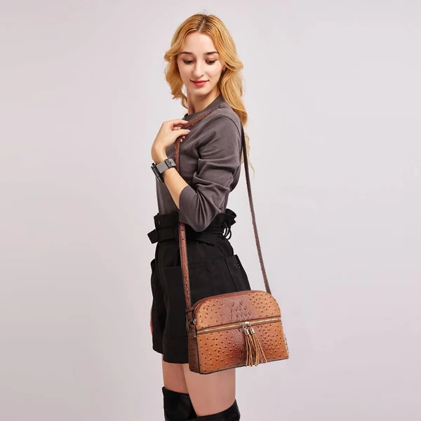 Dasein Ostrich Embossed Leather Crossbody Messenger Bag - Purple