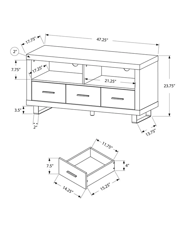Monarch Specialties 48x22 TV Stand, Dark Taupe with 3 Drawers