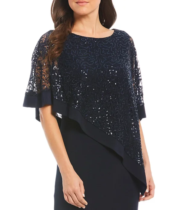 R & M Richards Women's Lace Poncho Overlay Gown - Black - 12