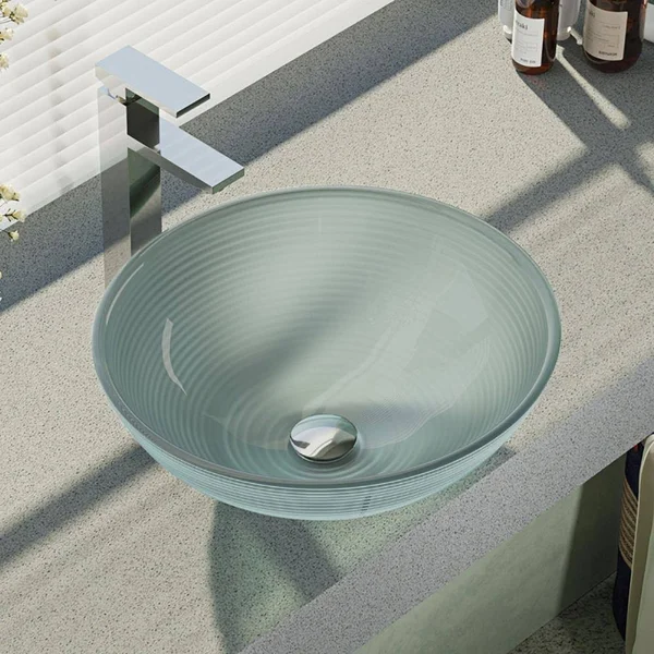 Rene R5-5034-R9-7003-C Foil Undertone Glass Vessel Sink with Chrome Vessel Faucet, Sink Ring, and Vessel Pop-Up Drain