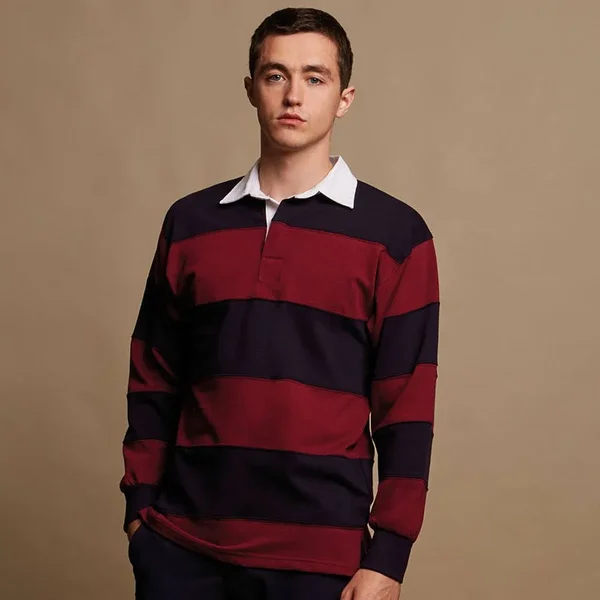 Front Row Sewn Stripe Long Sleeve Sports Rugby Polo Shirt - S, Burgundy/Navy