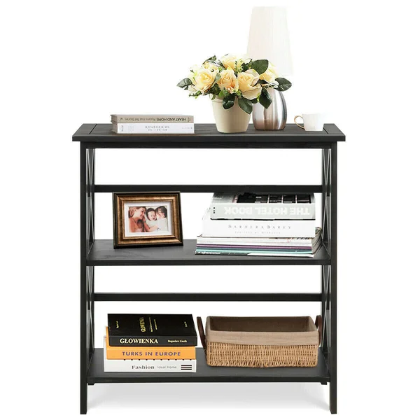 3-Tier Wooden Open Shelf Bookcase with X-Design-Black