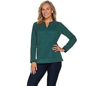 Denim & Co. Essentials Split V-Neck Chenille Fleece Top, Size X-Large, Evergreen