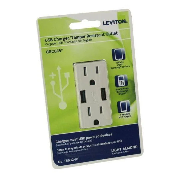 Leviton 15 Amp Decora Combination Tamper Resistant Duplex Outlet and USB Charger, Light Almond (9-Pack)