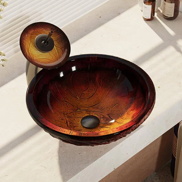 Rene R5-5018-WF-ABR Red Lava Glass Bathroom Sink with Antique Bronze Waterfall Faucet - Sink Ring, and Vessel Pop-Up Drain