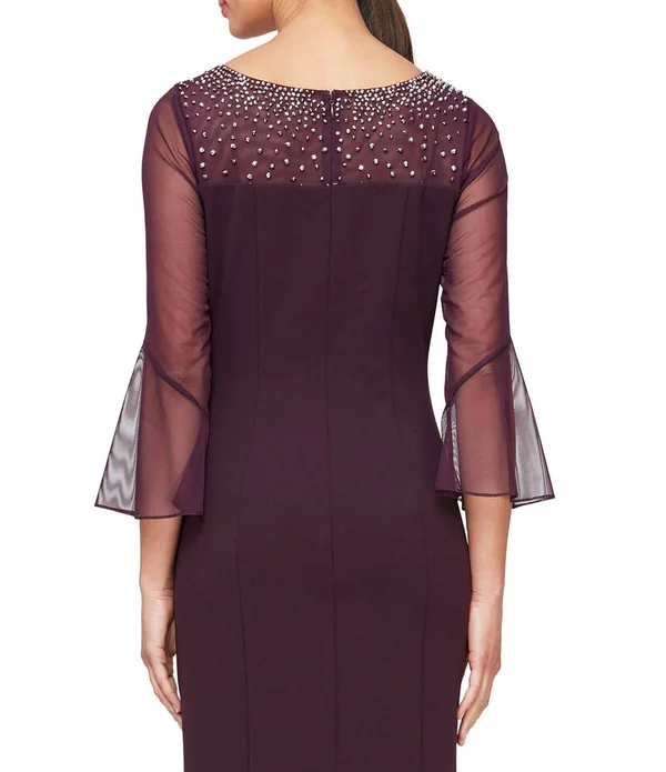 Alex Evenings Women's Illusion Bell Sleeve Sheath Dress - Navy Silver - Size 12