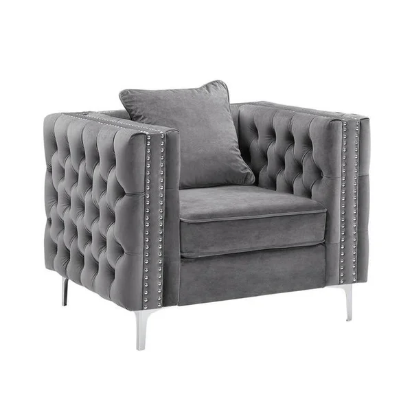 Bowery Hill Contemporary Velvet Button Tufted Accent Chair in Gray