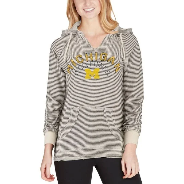 Blue 84 Michigan Wolverines Women's Cream PRG Striped French Terry V-Neck Hoodie Size: Large