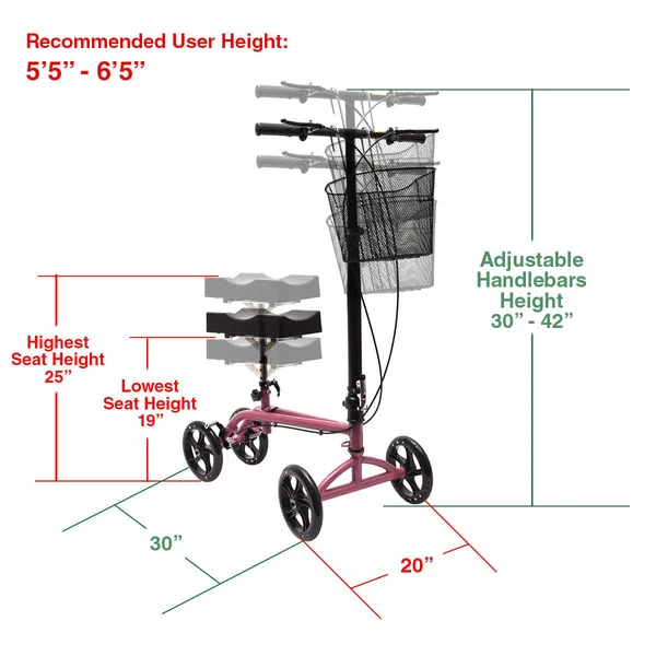 Clevr Medical Foldable Steerable Knee Walker Scooter with Basket - Pink, 30" x 20" x 20"