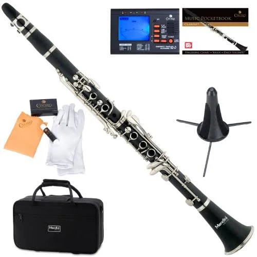 Mendini by Cecilio Black Ebonite Bb Clarinet with Stand, Tuner, 10 Reeds, Pocketbook, Mouthpiece and Case, B Flat MCT-E