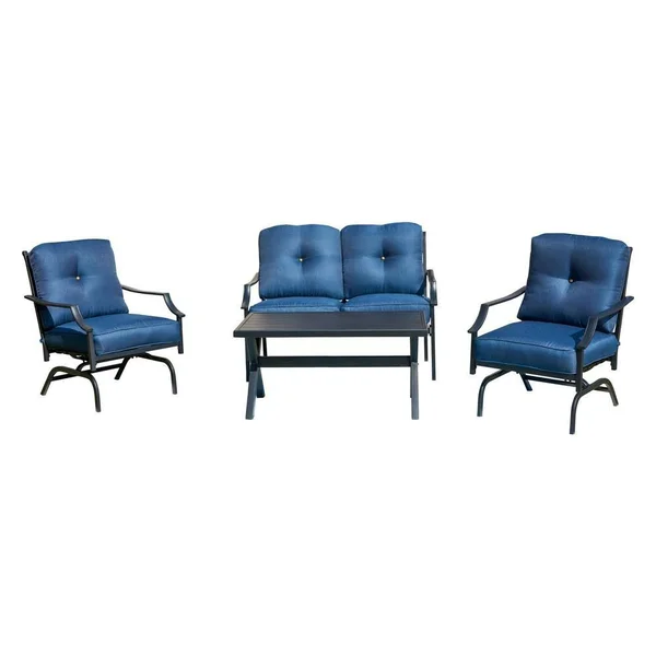 Top Home Space 4-Piece Metal Patio Conversation Set with Blue Cushions