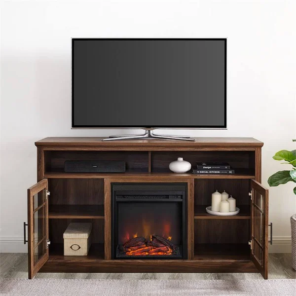 Pemberly Row 58x22 Classic Glass Door Highboy Fireplace TV Stand in Dark Walnut - PR-4753-2138585