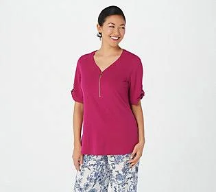 Susan Graver Liquid Knit Short-Sleeve Half-ZipTop, Size 1X, Magenta Rose