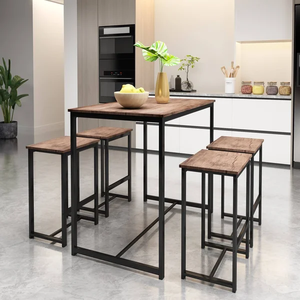 5 Piece Dining Set for 4 Rustic Kitchen Counter Height Pub Table Set with 4 Stools, Brown