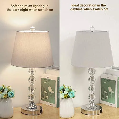 Bedside Crystal Table Lamps Set of 2 with Dual USB Charging Ports, Boncoo Modern