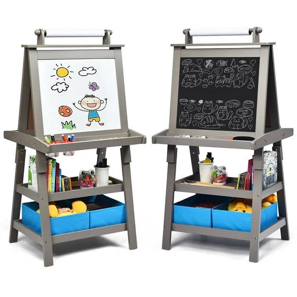 Costway 3 in 1 Double-Sided Storage Art Easel-Gray