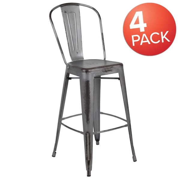 Flash Furniture 4 Pk. 30&& High Distressed Metal Indoor-Outdoor Barstool with BACK, Yellow