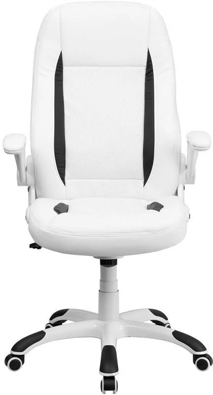 Flash Furniture CH-CX0176H06-WH-EMB-GG Embroidered High Back White Leather Executive Swivel Chair with Flip-Up Arms
