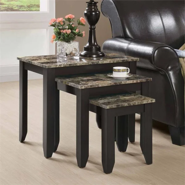Pemberly Row 3 Piece Faux Marble Top Nesting Table Set in Cappuccino