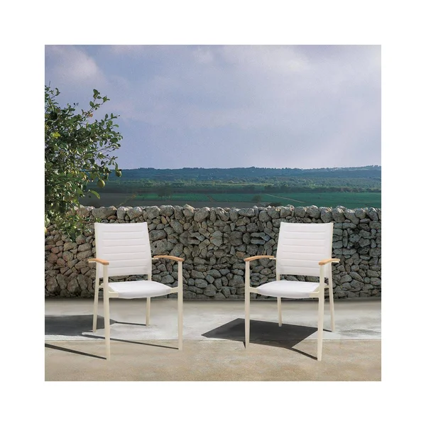 Armen Living LCPLCHNAT Portals Outdoor Coral Sand Aluminum Stacking Dining Chair with Teak Arms - Set of 2