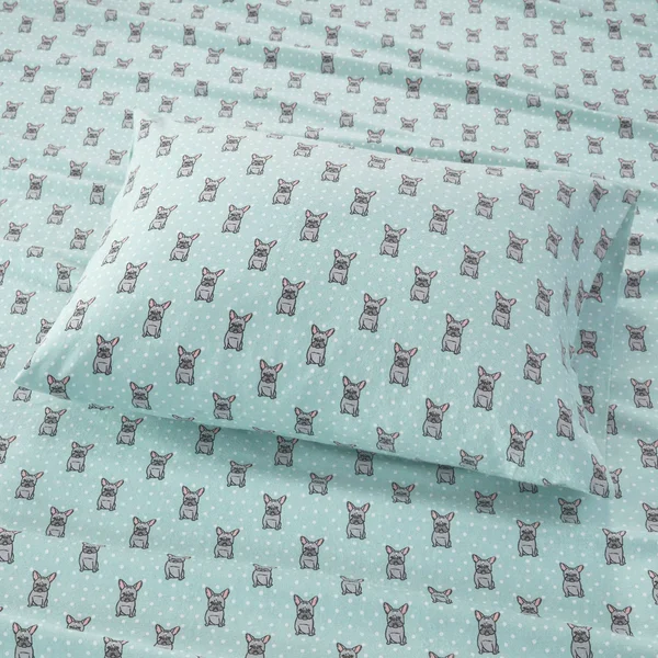 True North by Sleep Philosophy Cozy Flannel Sheet Set Aqua French Bulldog - Cal King
