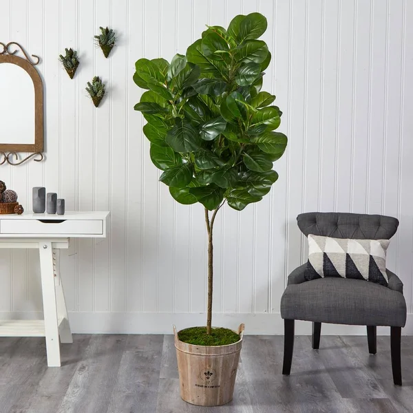 Nearly Natural 74 in. Fiddle Leaf Fig Artificial Tree in Farmhouse Planter