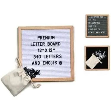 Letterboard 12 inch x 12 inch Felt Oak Framed with 340 Letters with Emojis - Black