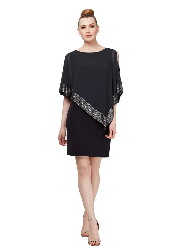 SL Fashions Metallic-Trim Capelet Sheath Dress - Black/Silver