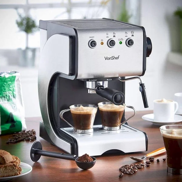 VonShef 13171 Espresso Coffee Machine Maker Stainless Steel 15 Bar