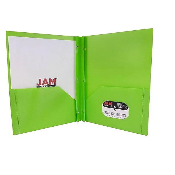 Jam Paper Plastic Pop 2-Pocket Folders with Metal Prong Fastener, Lime Green, 6/Pack (382ECligr)