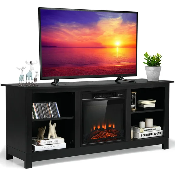Gymax 58&& 2-Tier Fireplace TV Stand W/18&& 1400W Electric Fireplace 65&& Black