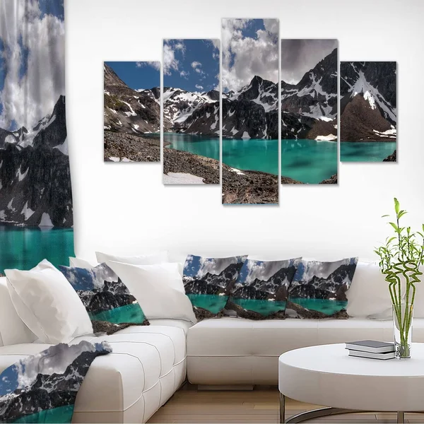 Designart 'Distant Mountains and Mountain Lake' Landscape Artwork Canvas Print - 60 in. Wide x 32 in. High - 5 Panels Diamond Sh