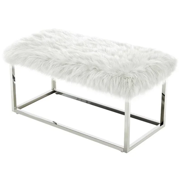 Posh Living Joseph White Faux Fur Bench - Chrome Frame - Ottoman